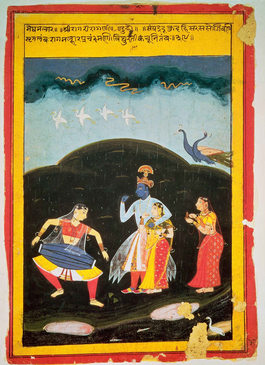 Krishna och Radha i regnet med två musiker, Rajasthan av Indian School