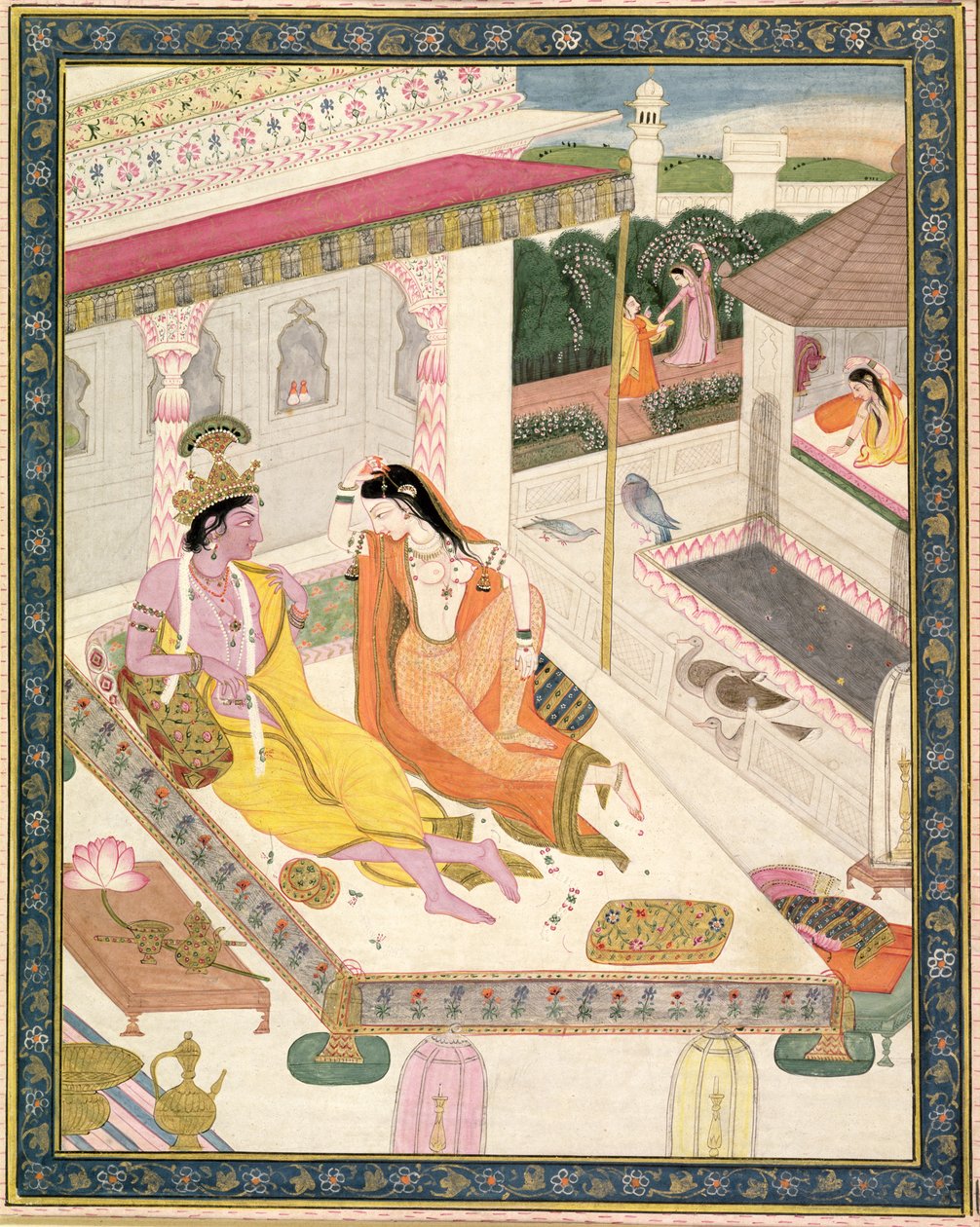 Krishna och Radha på en säng i ett mogulpalats, Punjab, ca 1860 av Indian School