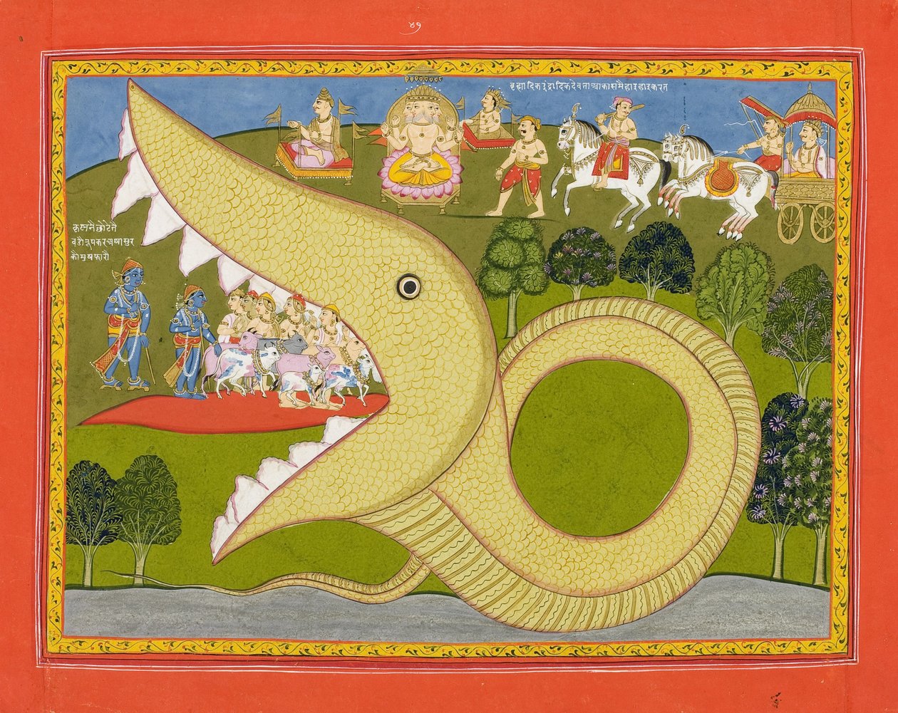 Krishna och koherdarna går in i Agasuras mun, ca 1800 (ogenomskinlig wc & guld på papper) av Indian School