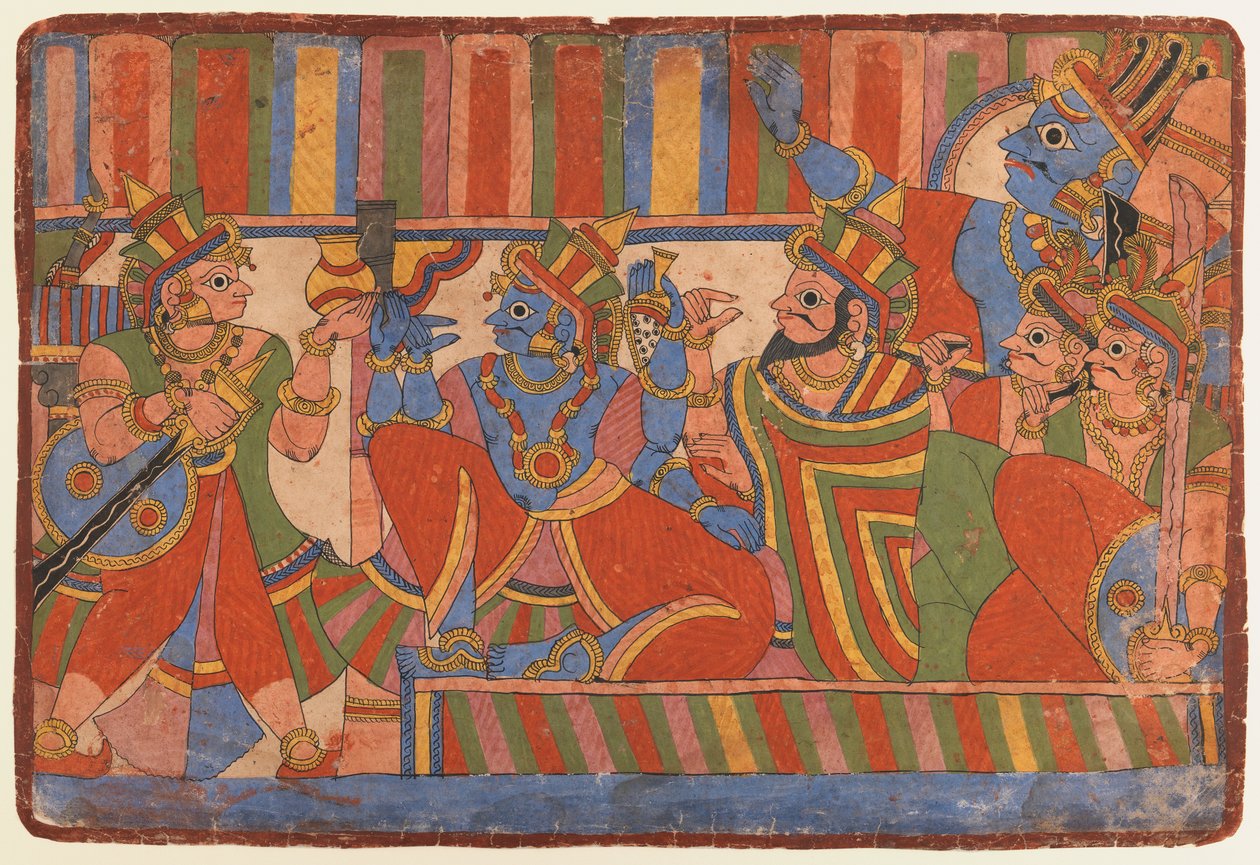 Krishna ger råd till Pandava-ledarna, ca 1830-50 (ogenomskinlig wc på papper) av Indian School