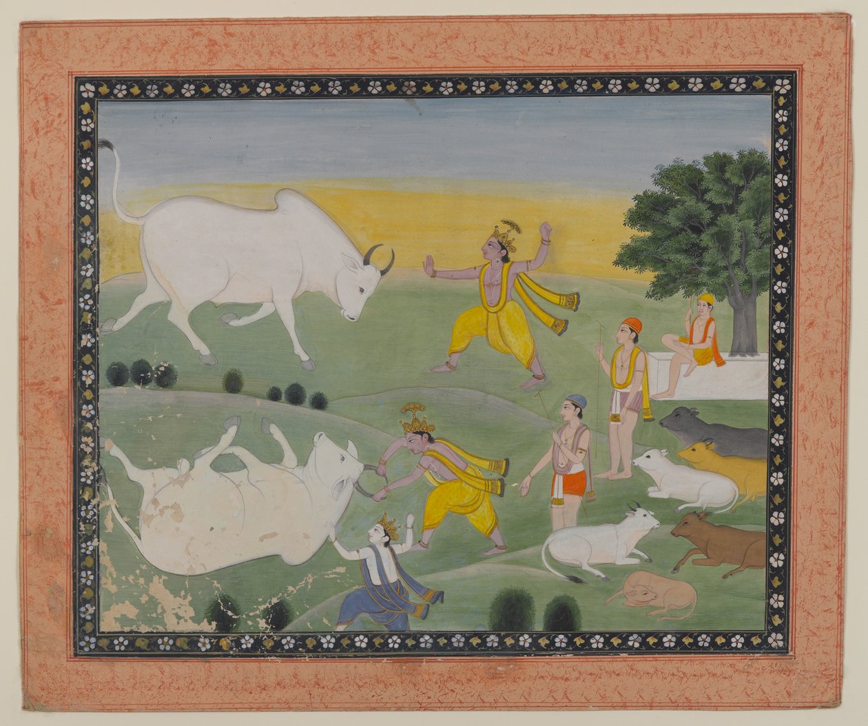 Krishna besegrar Bull Demon (ogenomskinlig wc på papper) av Indian School