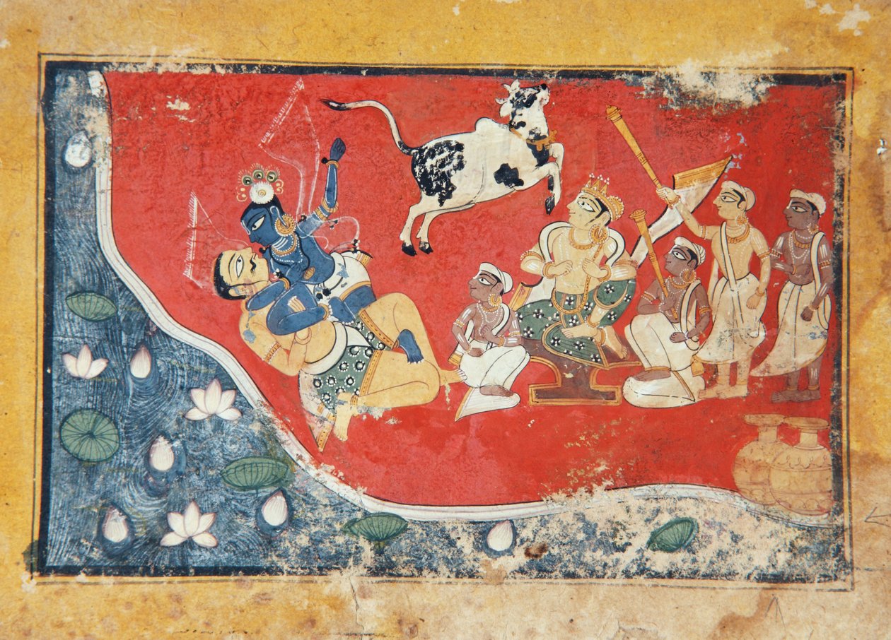 Krishna besegrar en demon vid en flod, ca 1560 (ogenomskinlig wc på papper) av Indian School