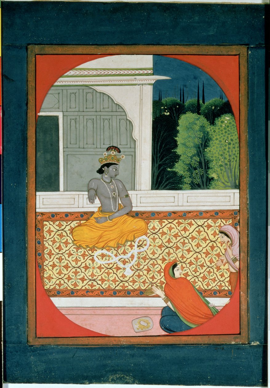 Krishna kastar sin krans; en illustration till Sat Sai från Bihari Lal, 1800-talet av Indian School