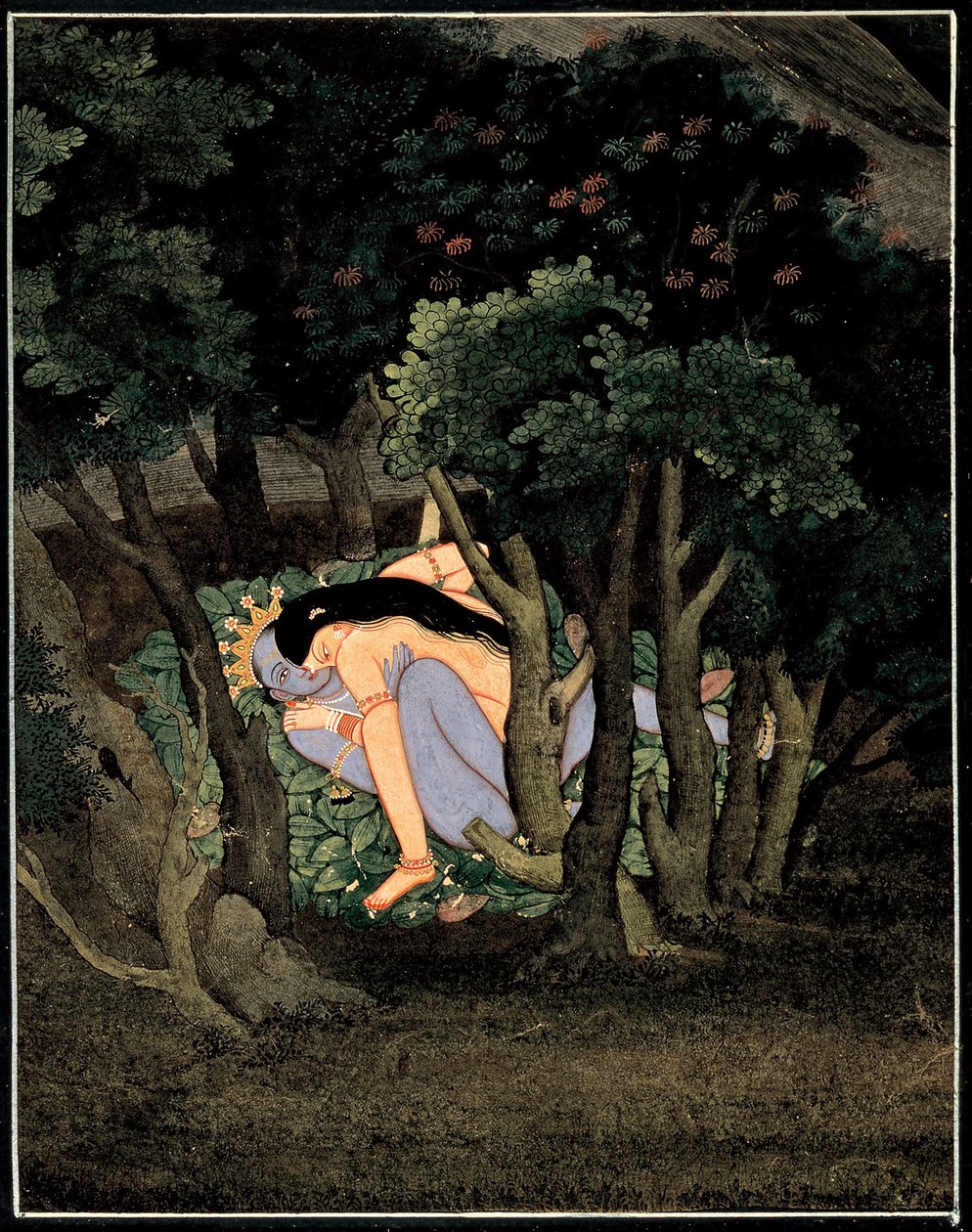 Krishna enlace par Radha (Krishna omfamnad av Radha) - Indisk konst, gouache på papper, omkring 1775 av Indian School