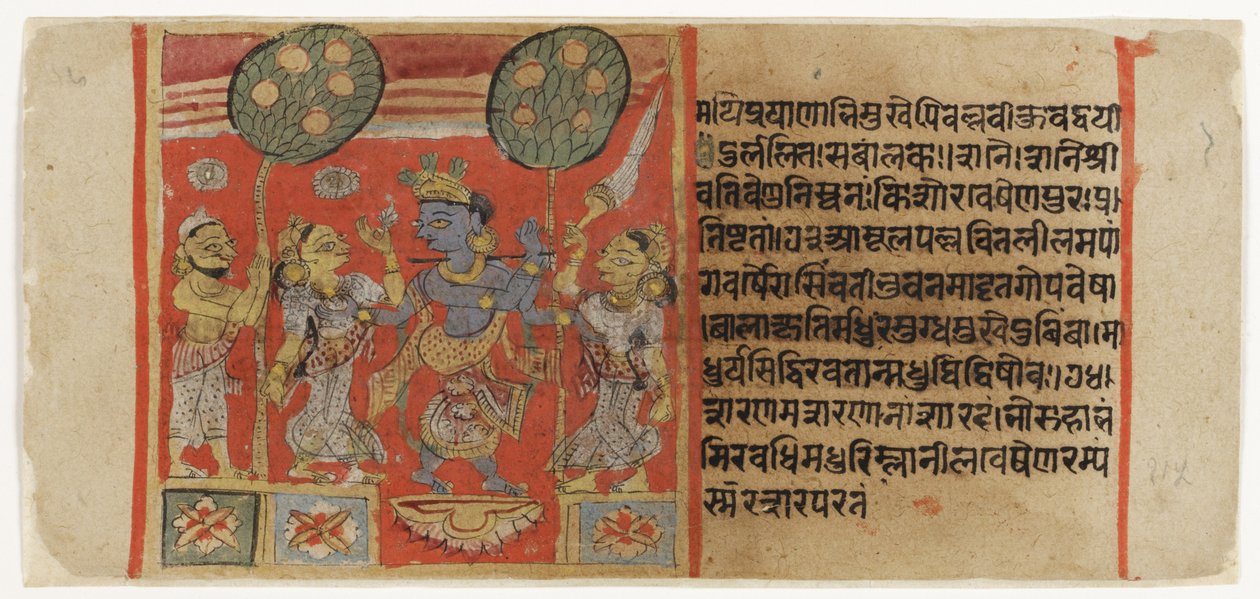 Krishna fluting framför två gopis, med en hängiven tittar på, från Balagopalastuti c.1450 (ogenomskinlig wc & guld på papper) av Indian School