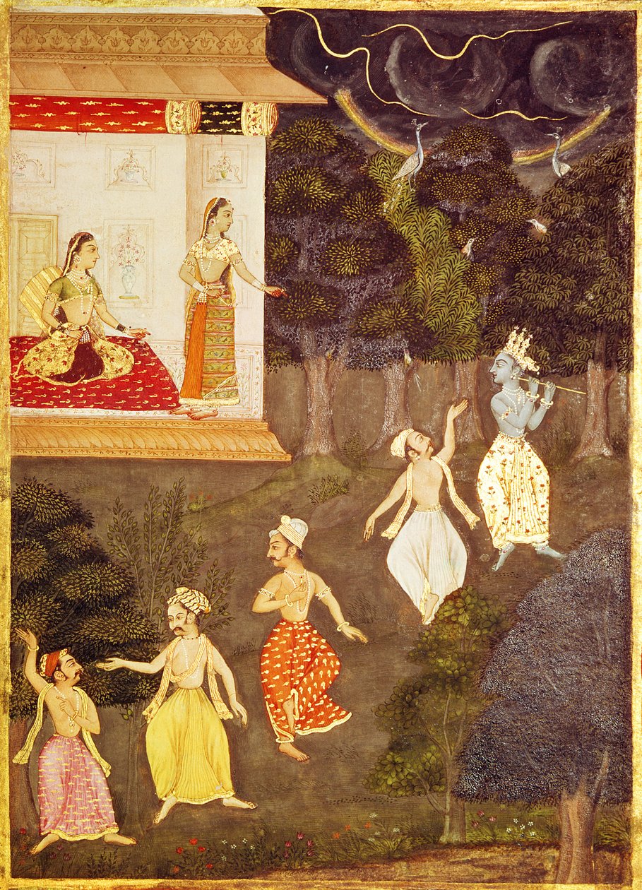 Krishna spelar flöjt följt av fyra dansare, Rajasthan av Indian School