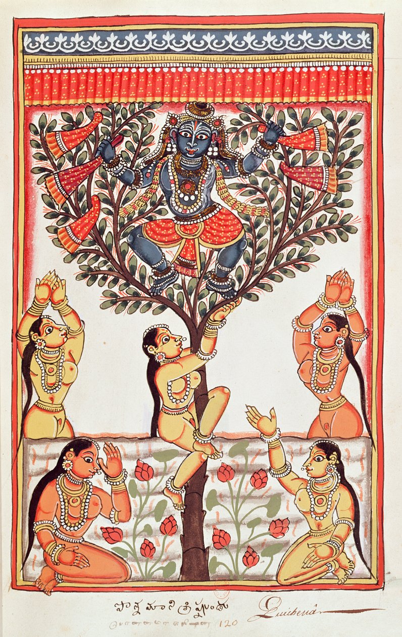 Krishna stjäl kläderna från Gopi som simmar i floden Yamuna (wc på papper) av Indian School