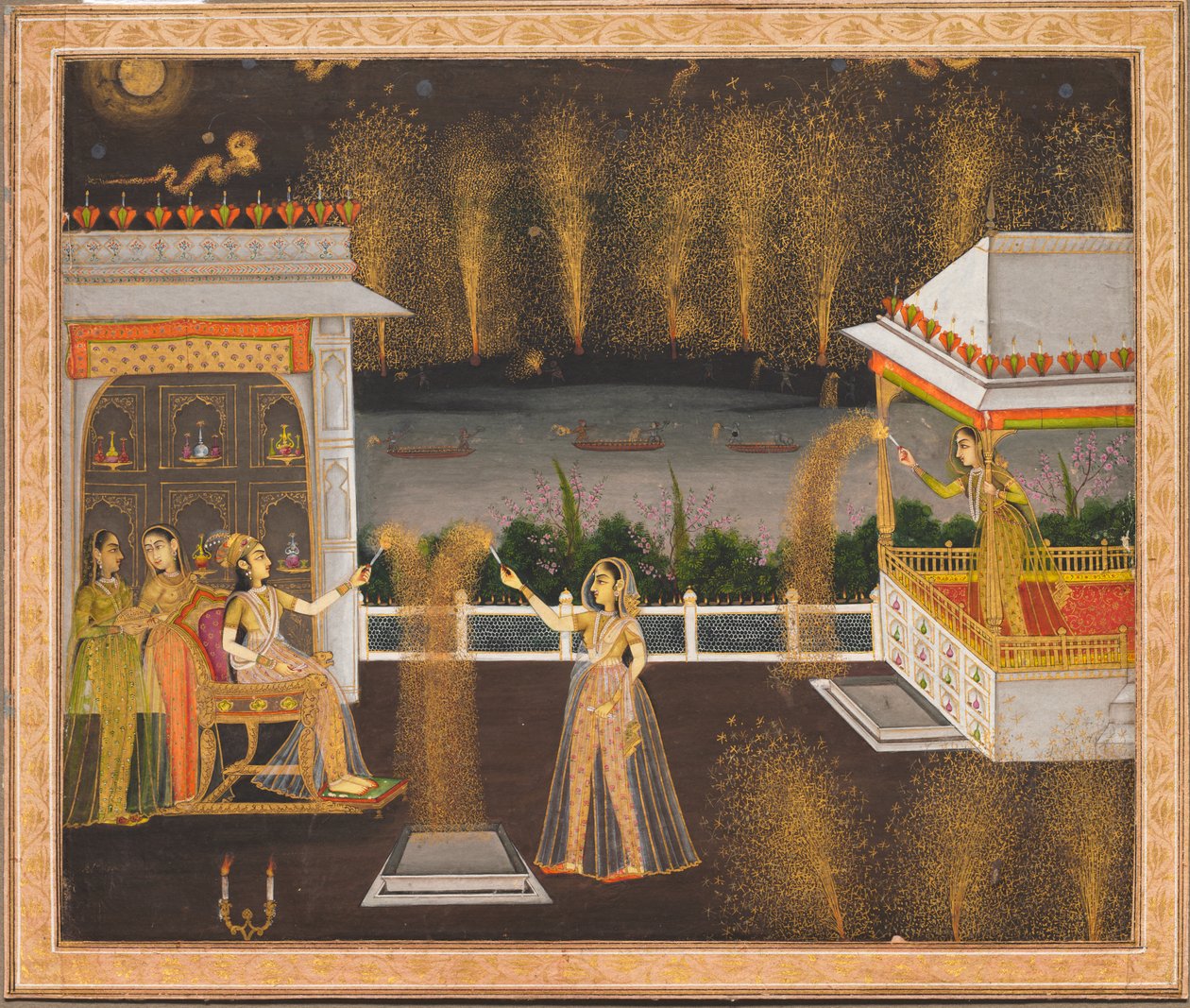 Damer firar Diwali, ca 1760 (opak akvarell  guld på papper) av Indian School