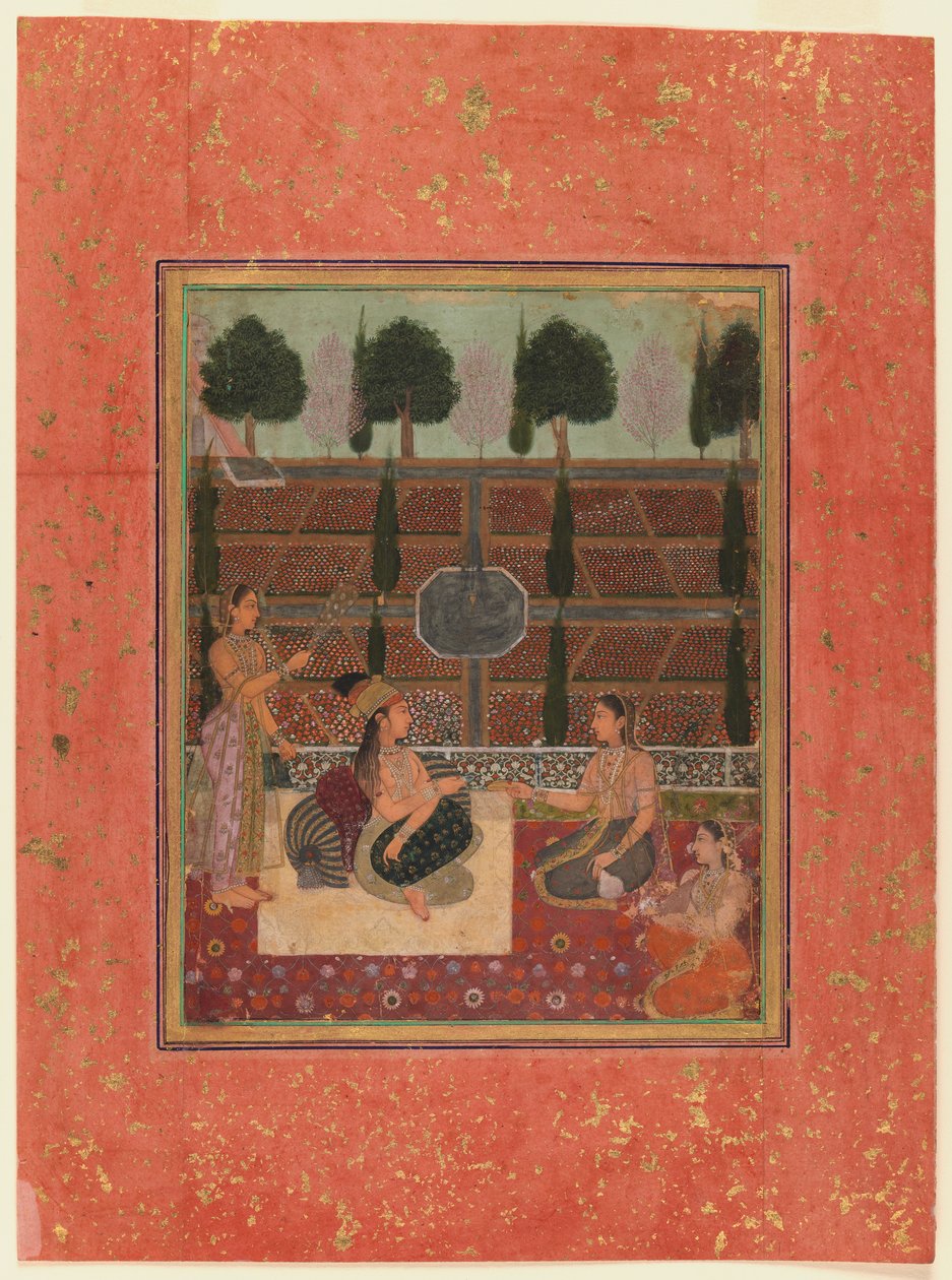 Damer på en terrass, Mughal Style, ca 1700-10 (wc på guldfläckat papper) av Indian School