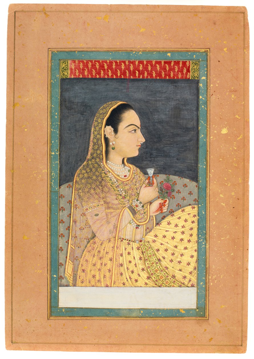 Lady Holding a Cup and a Flower, tidigt 1700-tal (wc med guld och silver på papper) av Indian School