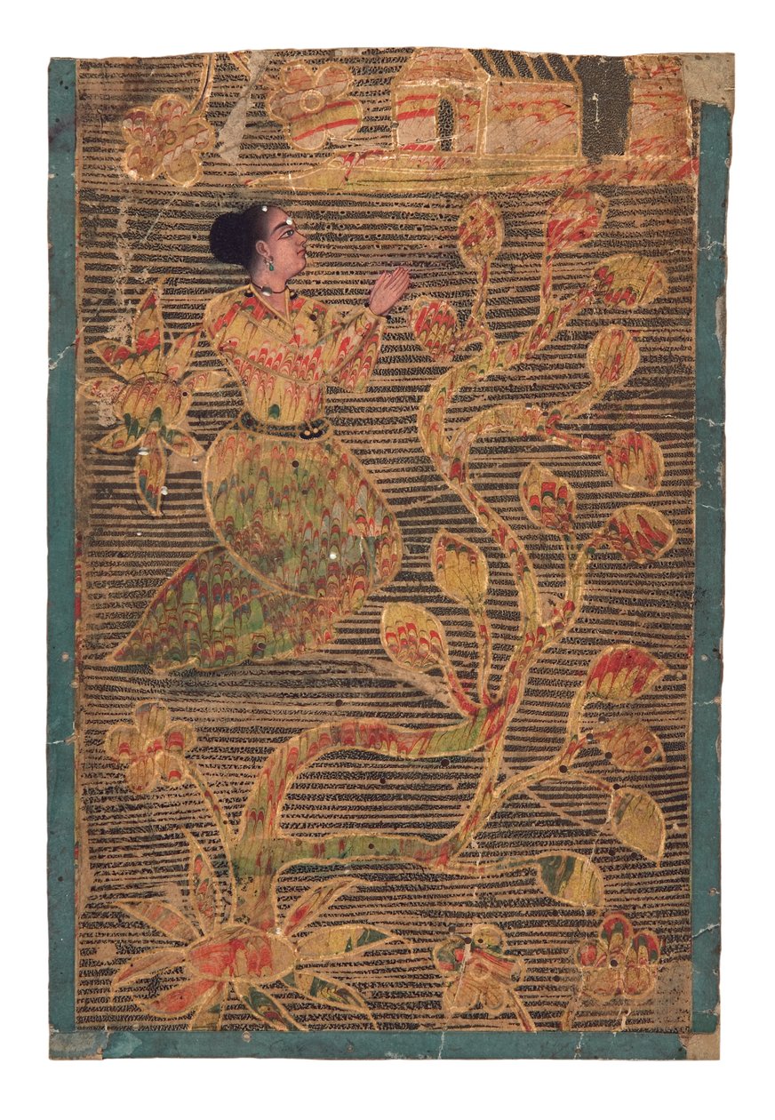 Lady Praying at a Shrine, (ogenomskinlig wc & guld på papper) av Indian School