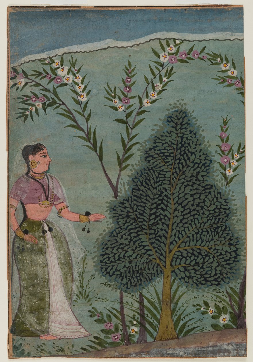Damen i vildmarken, fragment av en sida från en Bhagavata Purana-serie, ca 1590-1600 (wc & guld på papper) av Indian School