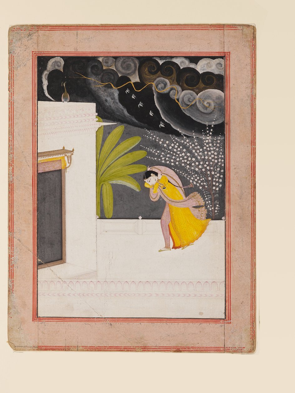 Dam på en terrass söker skydd från regnet, tidigt 1800-tal (gouache med guld på papper) av Indian School