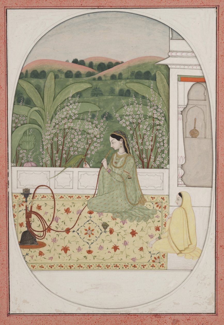 Dam på en terrass med vattenpipa, ca 1770 (gouache och guld på papper) av Indian School