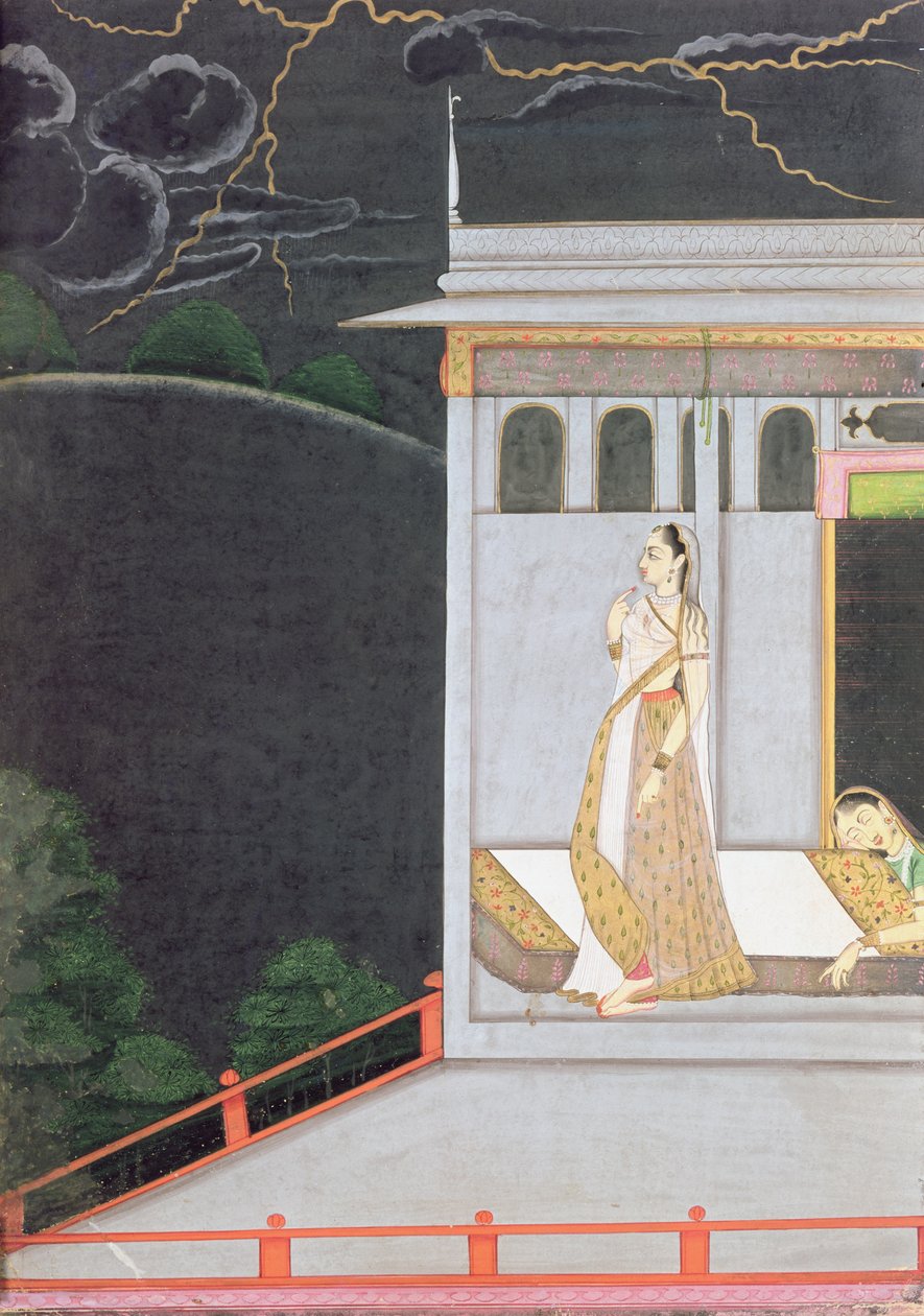 Dam som väntar på sin älskare, från "Vasakasayya Nayika", en av hjältinnorna i den hinduiska retoriken, Punjab Hills, ca 1760 av Indian School