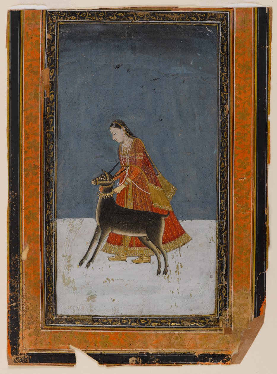 Dam med svart bock, ca 1750 (wc & guld på papper) av Indian School