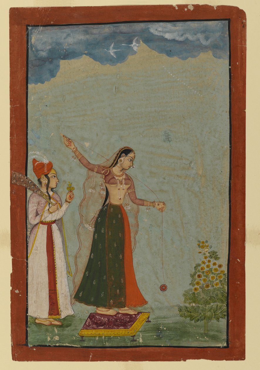 Dam med jojo, ca 1770 (ogenomskinlig wc & guld på papper) av Indian School