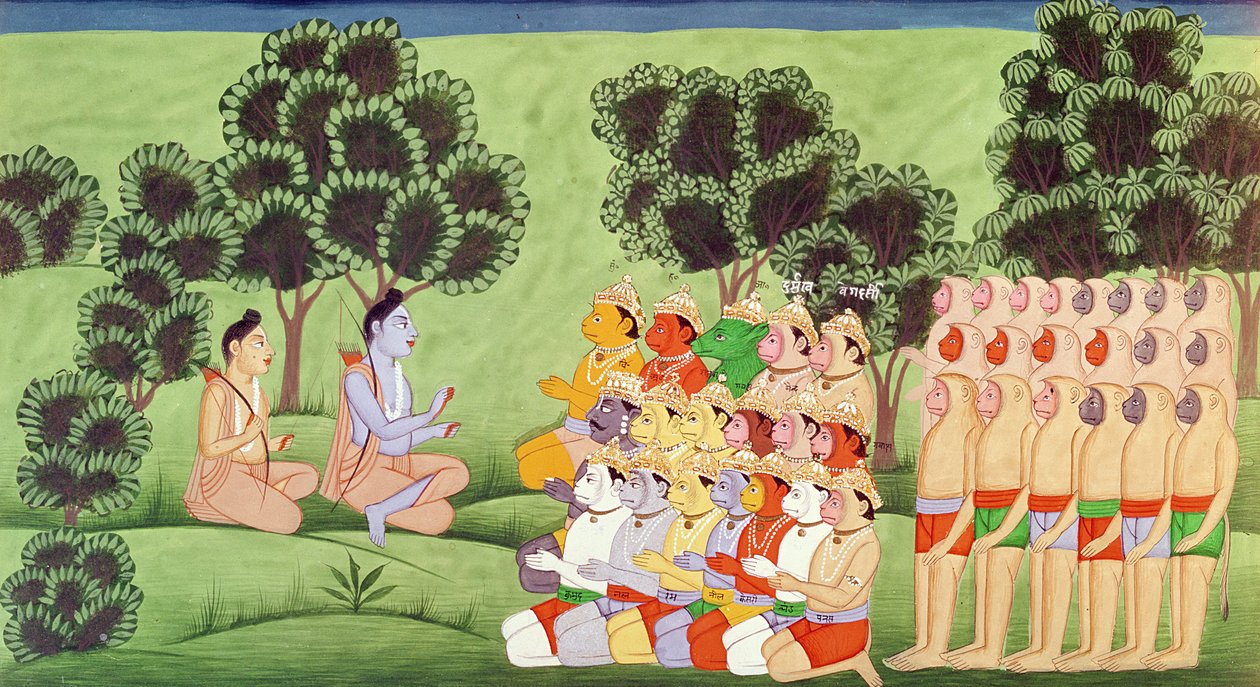 Lakshmana konsulterar cheferna för aparméerna, från Ramayana av Indian School