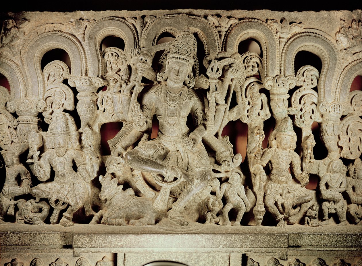 Lintel med hinduisk treenighet, från Warangal, Andhra Pradesh, Kakatiya-dynastin av Indian School