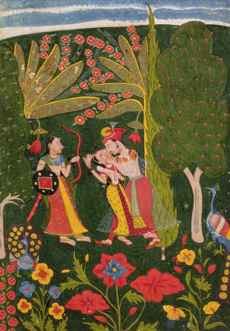 Lovers Embracing in a Forest, Bundi, ca 1650 (gouache på veläng) av Indian School