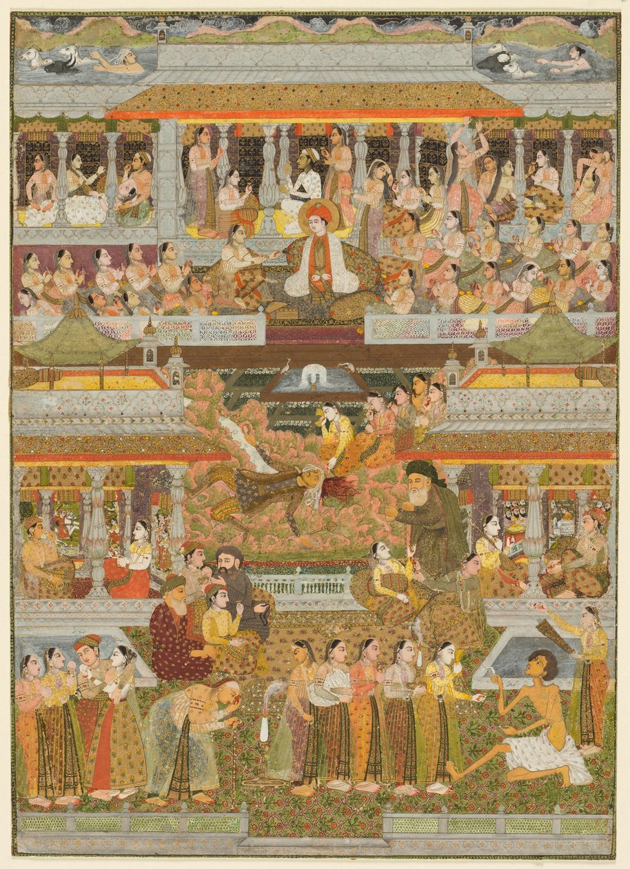 Älskare och älskade: En sammansättning av scener från persisk, urdu- och sanskritlitteratur, ca. 1735 (ogenomskinlig akvarell med guld på papper) av Indian School