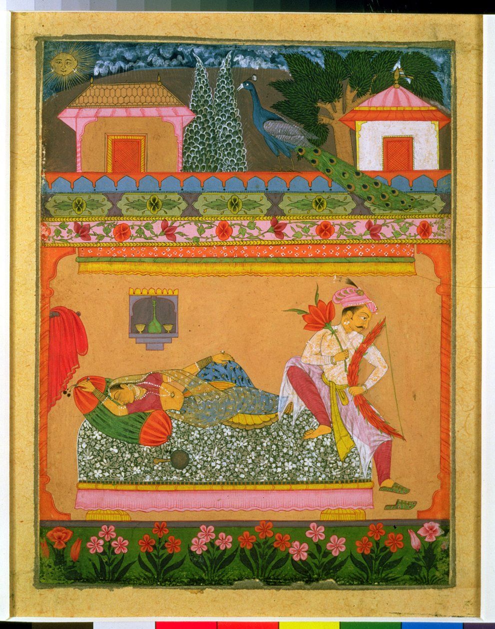 Lovers at Daybreak, illustration av musikläget Raga Vibhasa, Northern Deccan eller Southern Rajasthan, c.1675 (gouache med silver och guld på papper) av Indian School