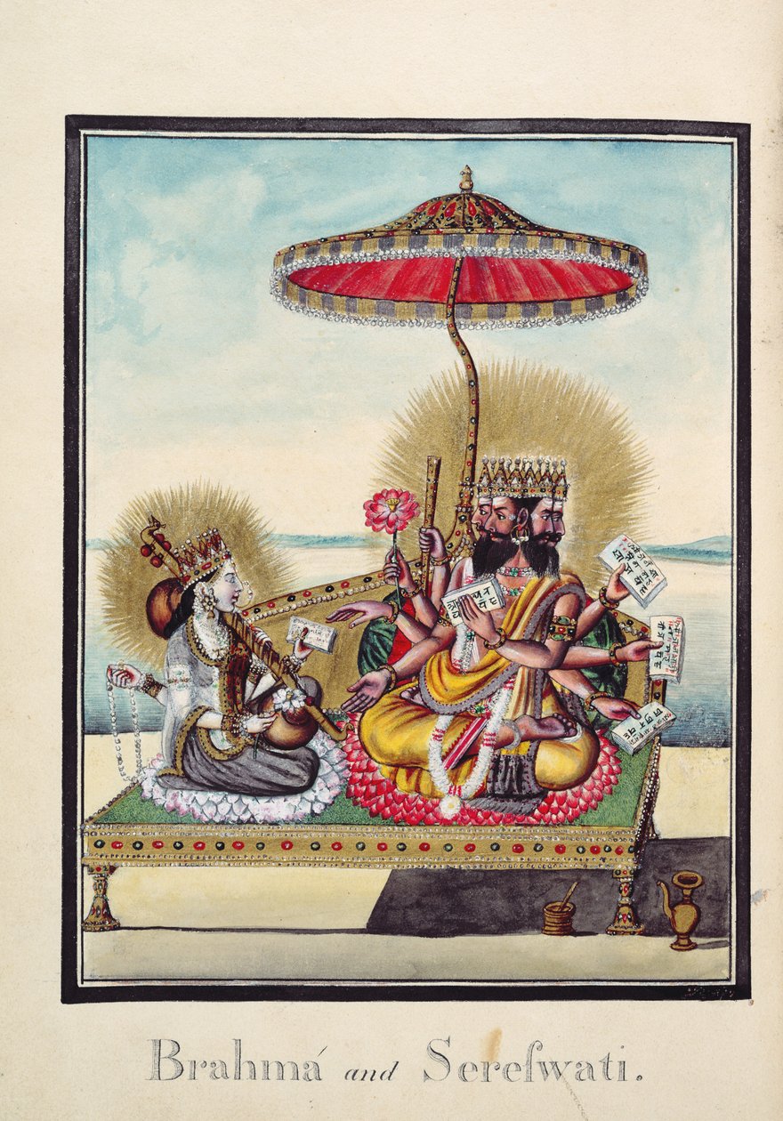MSS EUR C 116/1 f.24v Brahma och Saraswati, från det hinduiska eposet "Adhyatma Ramayana", av en Chapra-konstnär, vattenmärkt 1802 (akvarell) av Indian School