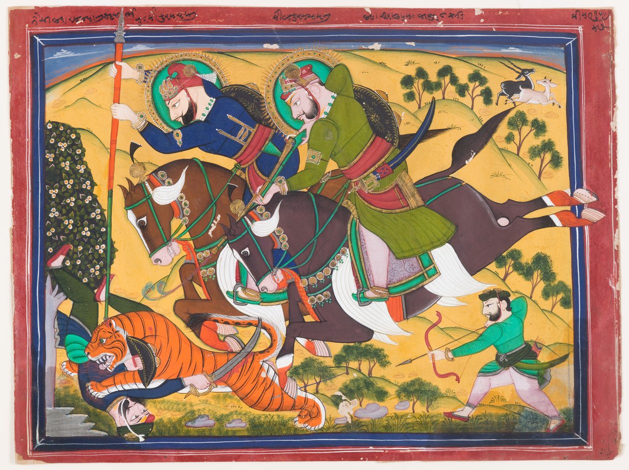 Maharaja Ram Singh jagar en tiger, andra kvartalet av 1800-talet (akvarell på papper) av Indian School
