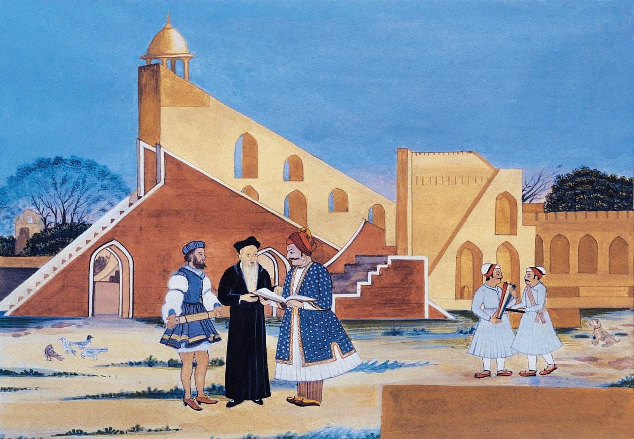 Maharaja Sawai Jai Singh II:s målning, Jantar Mantar, Jaipur, Rajasthan, Indien (akvarell på papper) av Indian School