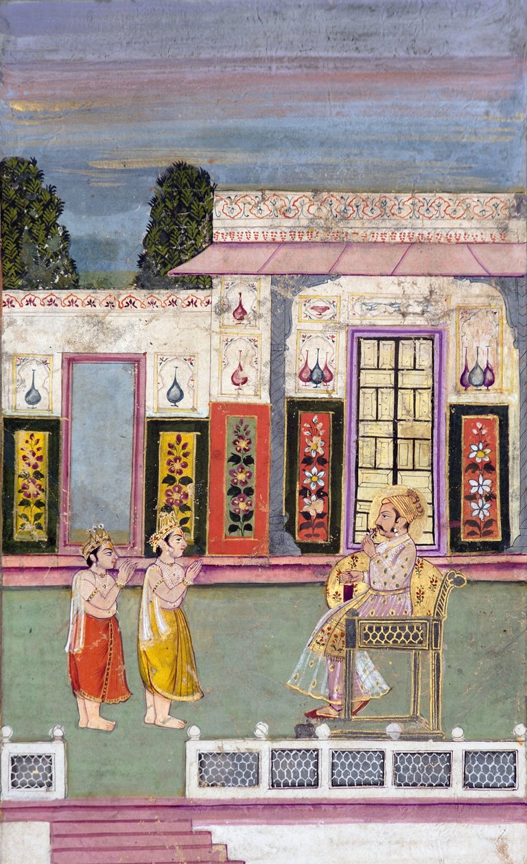 Maharaja Sawai Jai Singh hälsad av två krönta män, ca 1735 (ogenomskinlig wc & guld på papper) av Indian School
