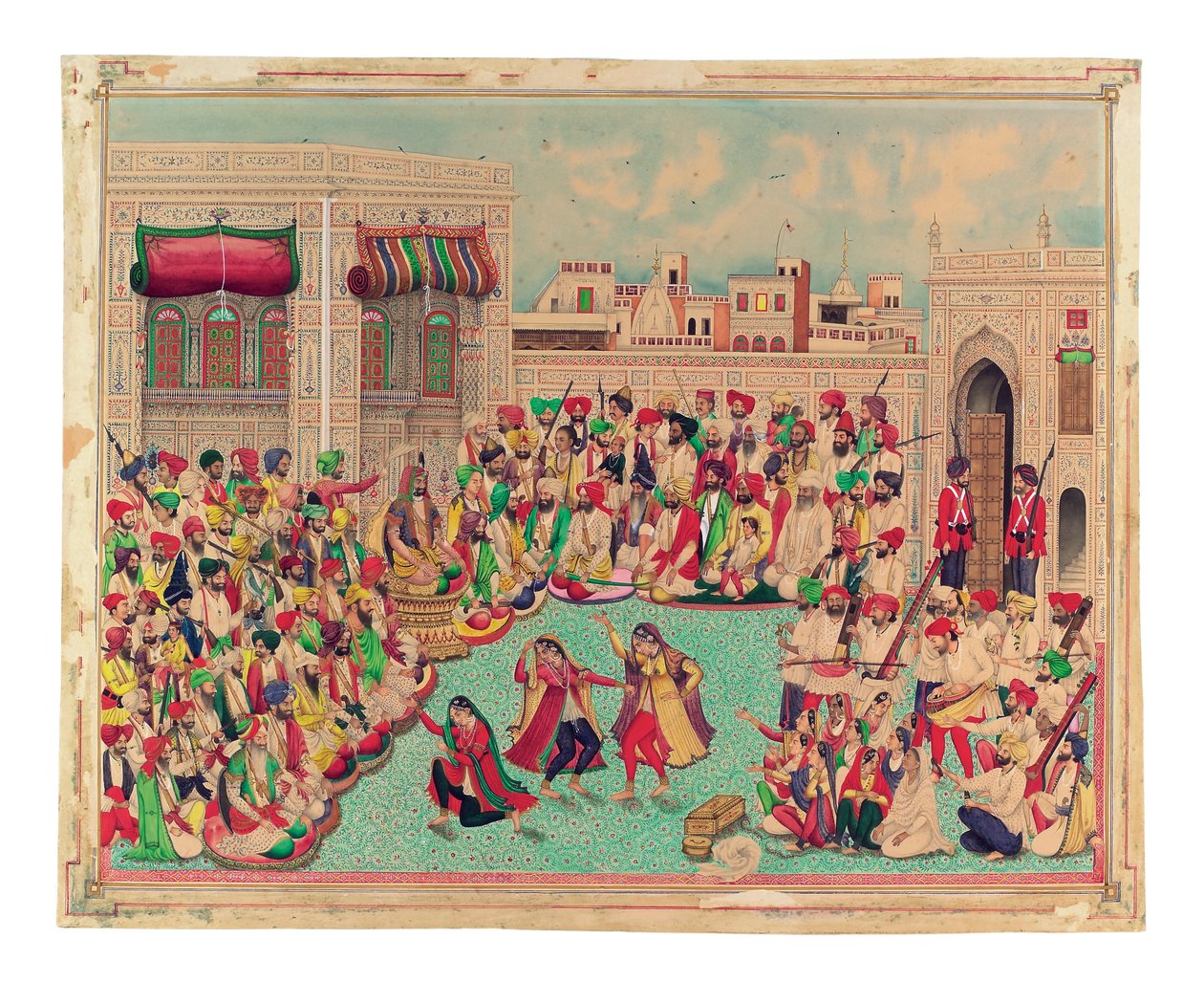 Maharaja Sher Singh och följeslagare tittar på en dansföreställning, ca 1850 (ogenomskinlig akvarell och guld på papper) av Indian School