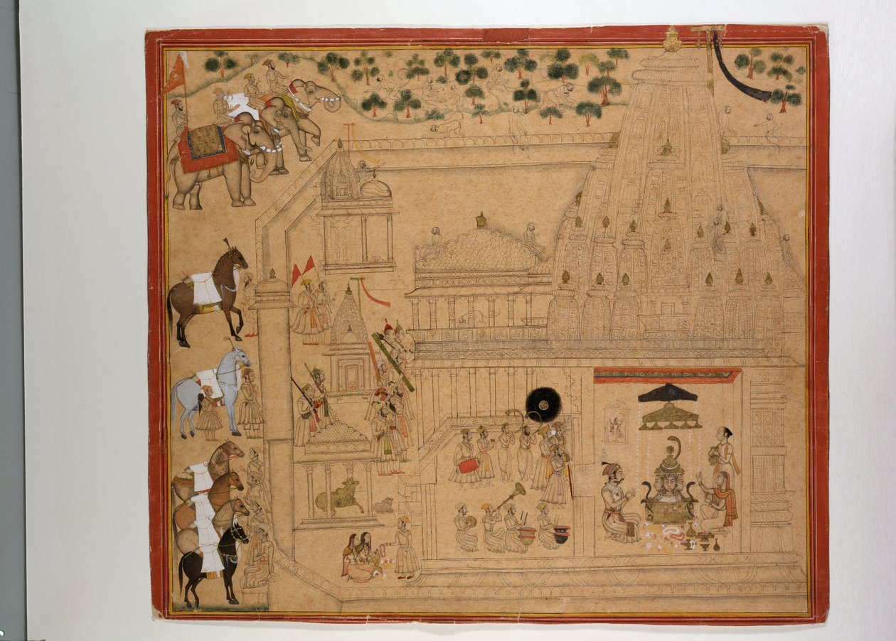 Maharana Amar Singh av Mewar vid Eklingji-templet, ca 1695 (gouache med guld och silver på papper) av Indian School