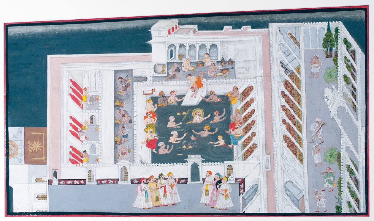 Maharana Jagat Singh II leker i en palatsbassäng, ca 1746-50 (ogenomskinlig wc & guld på papper) av Indian School