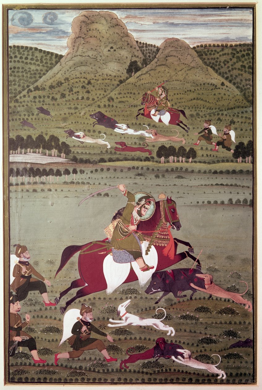 Maharana Jawan Singh (reg.1828-38) av Mewar jagar vildsvin i Udaipur. av Indian School