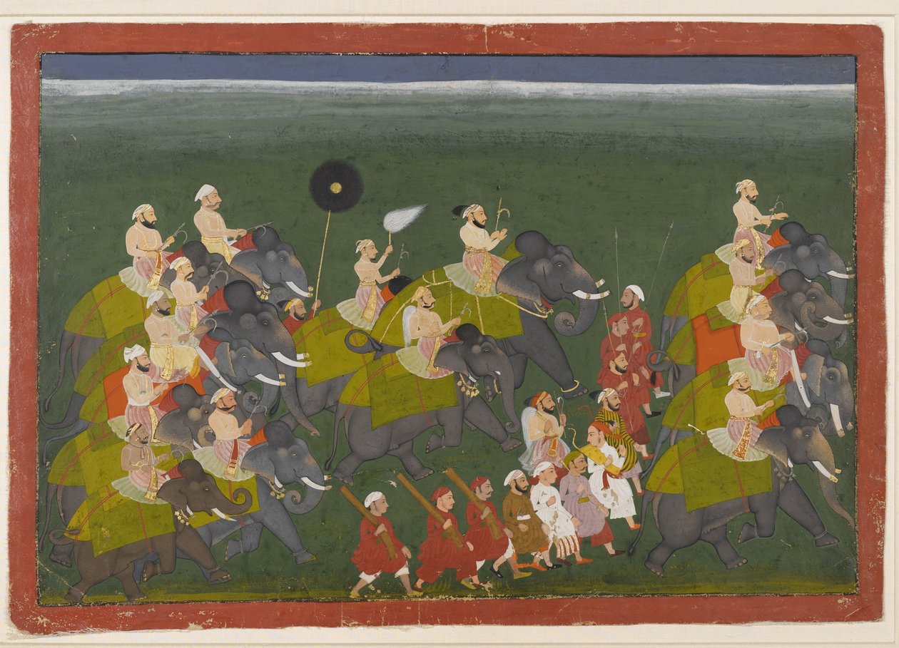 Maharana Sangram Singh av Mewar rider i en elefantprocession, Udaipur, Rajasthan, ca 1730-40 (ogenomskinlig wc & guld på papper) av Indian School