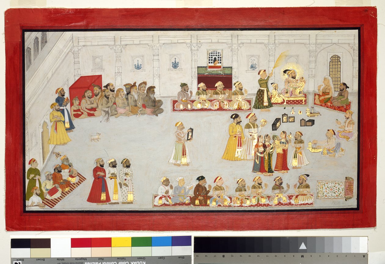 Maharana Sangram Singh with His Children and Courtiers, c.1715 (ogenomskinlig wc & guld på papper, monterad på en albumsida) av Indian School