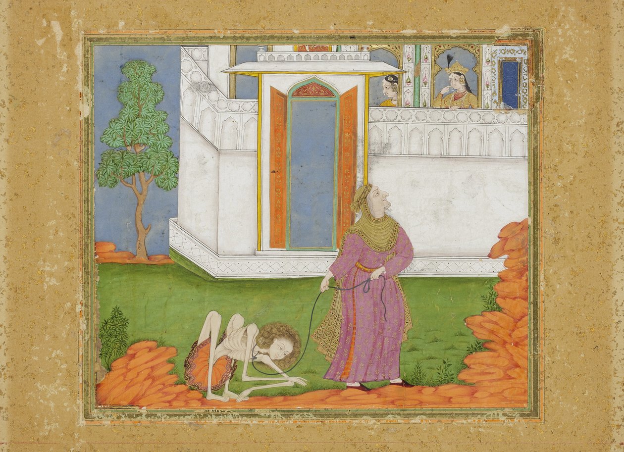 Majnun reduceras till ett abjekt tillstånd, c.1700 (ogenomskinlig wc & guld på papper) av Indian School