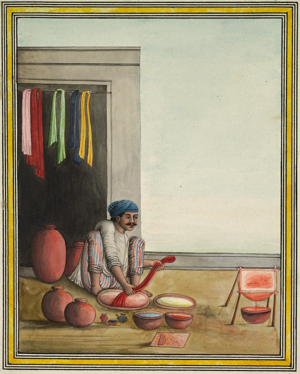 Man som färgar tyg, tidigt 1830-tal (bläck och färg på papper) av Indian School
