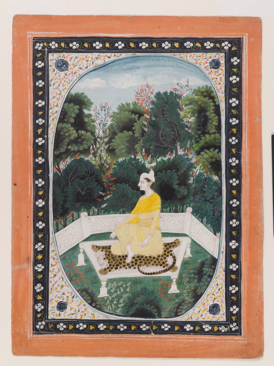 Man som mediterar i trädgårdsmiljö, ca 1820-40 (wc på papper) av Indian School