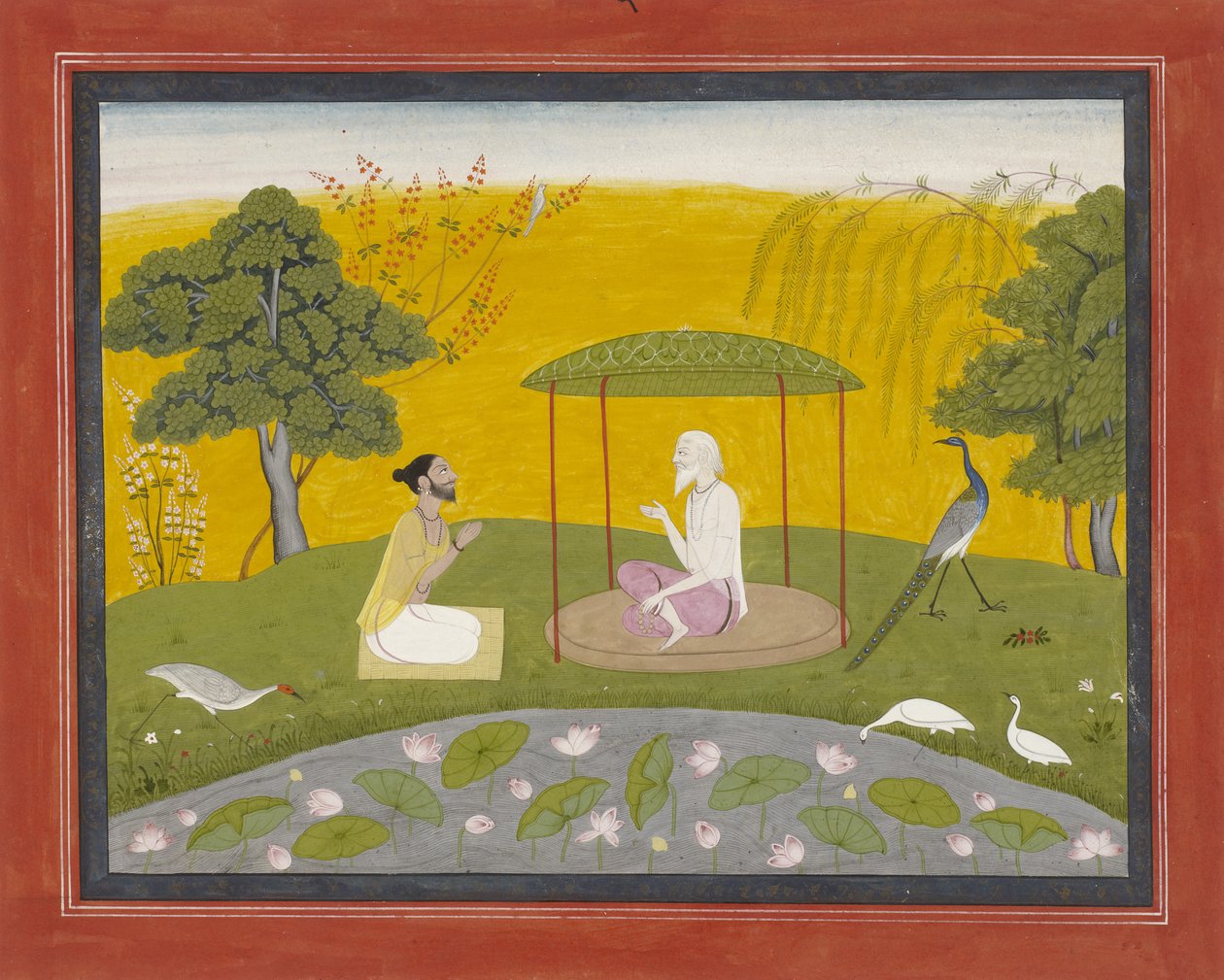 Markandeya hänvisar Jaimuni till de fyra kloka fåglarna, c.1800-20 (ogenomskinlig wc på papper, förhöjd med guld) av Indian School