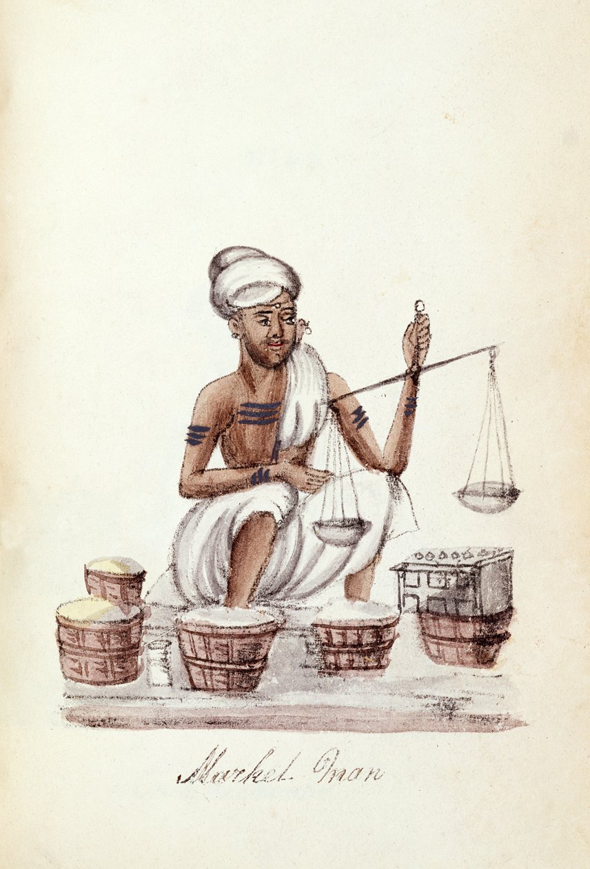 Market man, från "A Digest of the different Castes of India", av Venkata Ramasvani, publicerad Madras 1837 (färg litho) av Indian School