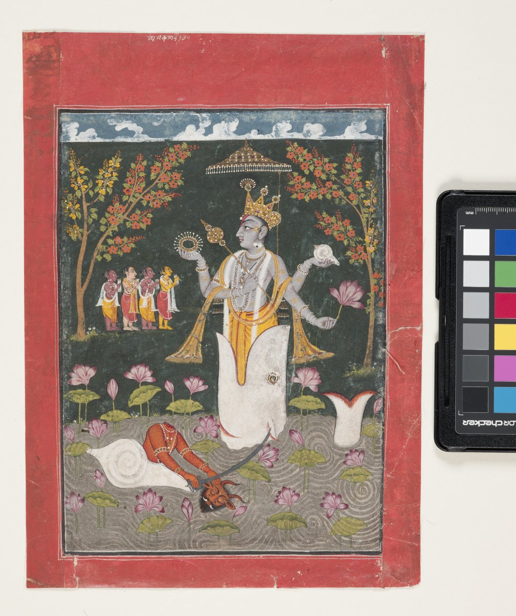 Matsya Avatar Of Vishnu: The Slaying Of Sankh Asura (gouache och bladguld på papper) av Indian School