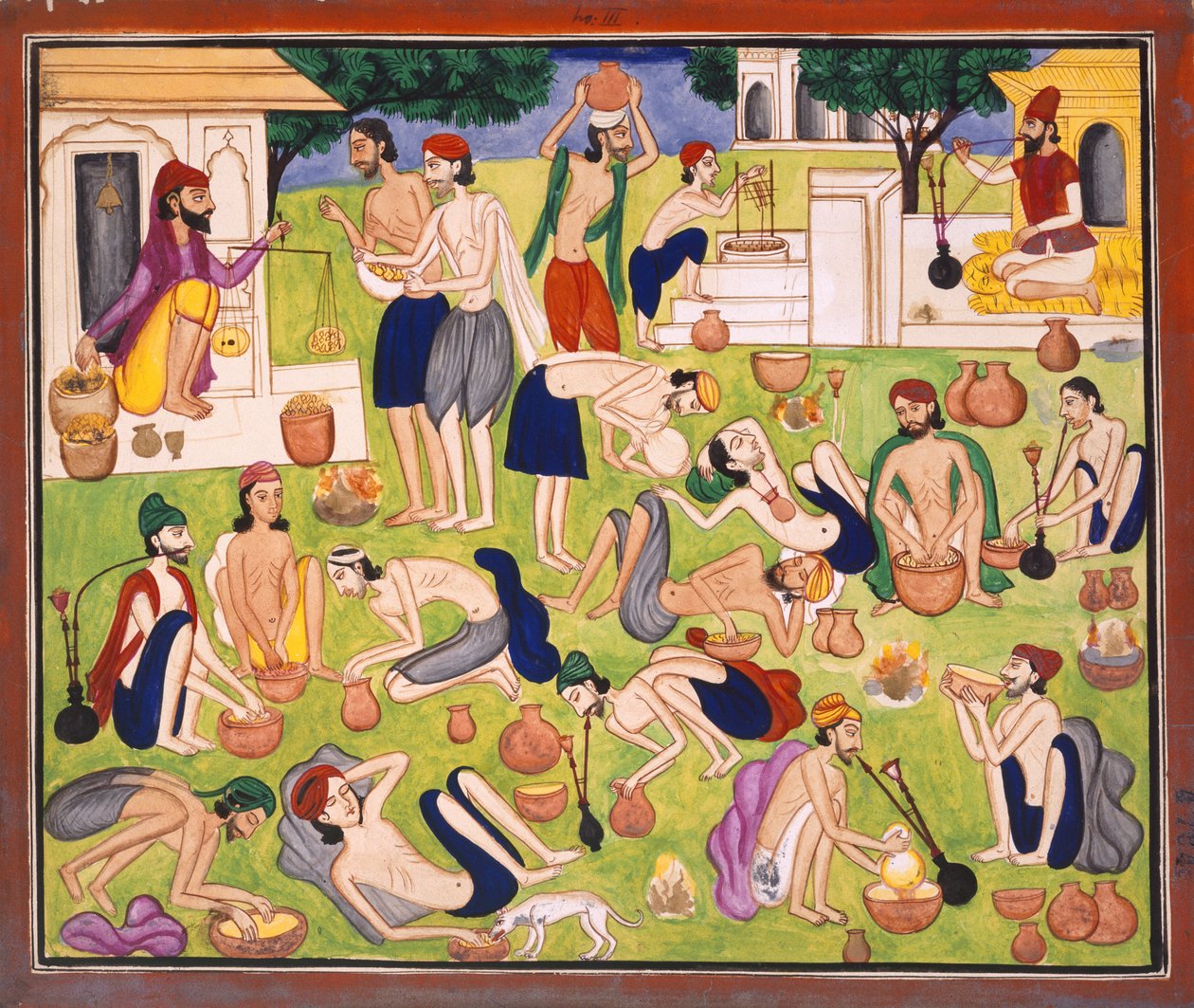 Män som röker opium, sittande eller liggande på marken, ca 1870 (akvarell på papper) av Indian School