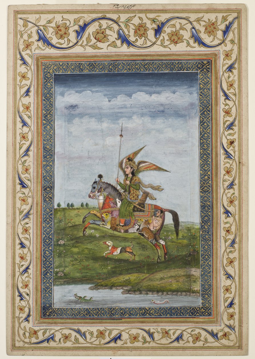 Miniatyr föreställande en scen av en bevingad figur på en häst, troligen Delhi-skolan, Mughal, Indiska, tidigt 1800-tal (akvarell och förgyllning på papper) av Indian School