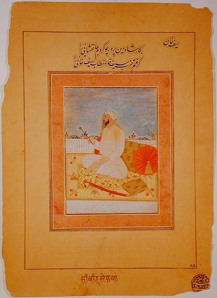 Miniatyr av Saif Khan, guvernör i Agra, indiska, ca 1670-80 (ogenomskinliga mineralpigment på gulfärgat papper) av Indian School