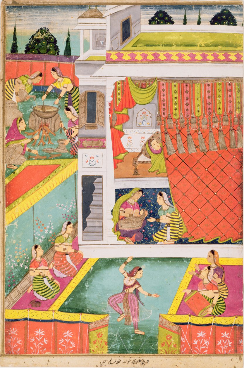 Miniatyrmålning som firar ett barns födelse, möjligen Aurangabad, Deccan (ogenomskinliga mineralfärger på buff papper) av Indian School