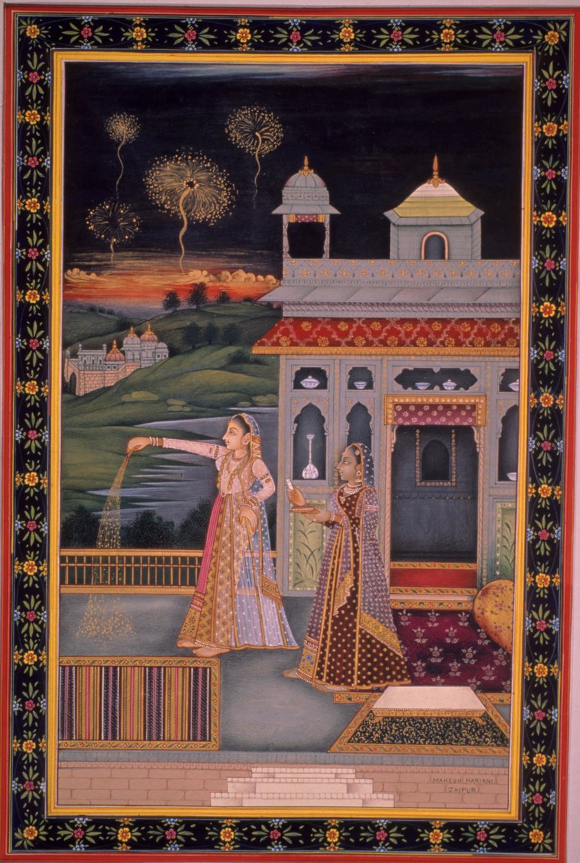 Miniatyrmålning av kvinna som firar Diwali-festivalen, Indien (akvarell på papper) av Indian School