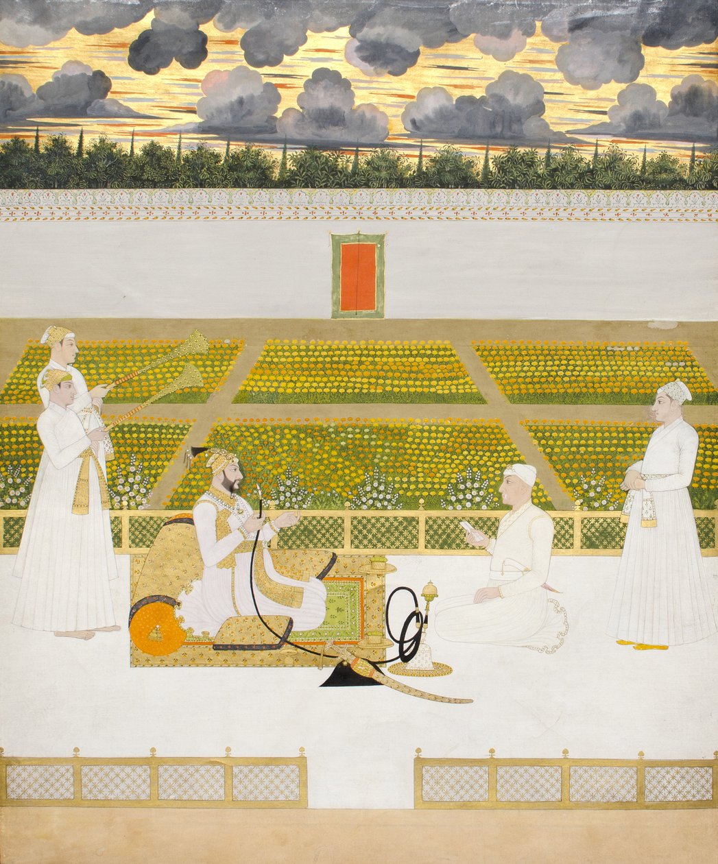 Mir Jaffar, Nawab av Murshidabad, med en hovman och skötare, ca 1760 (ogenomskinlig wc & guld på papper) av Indian School