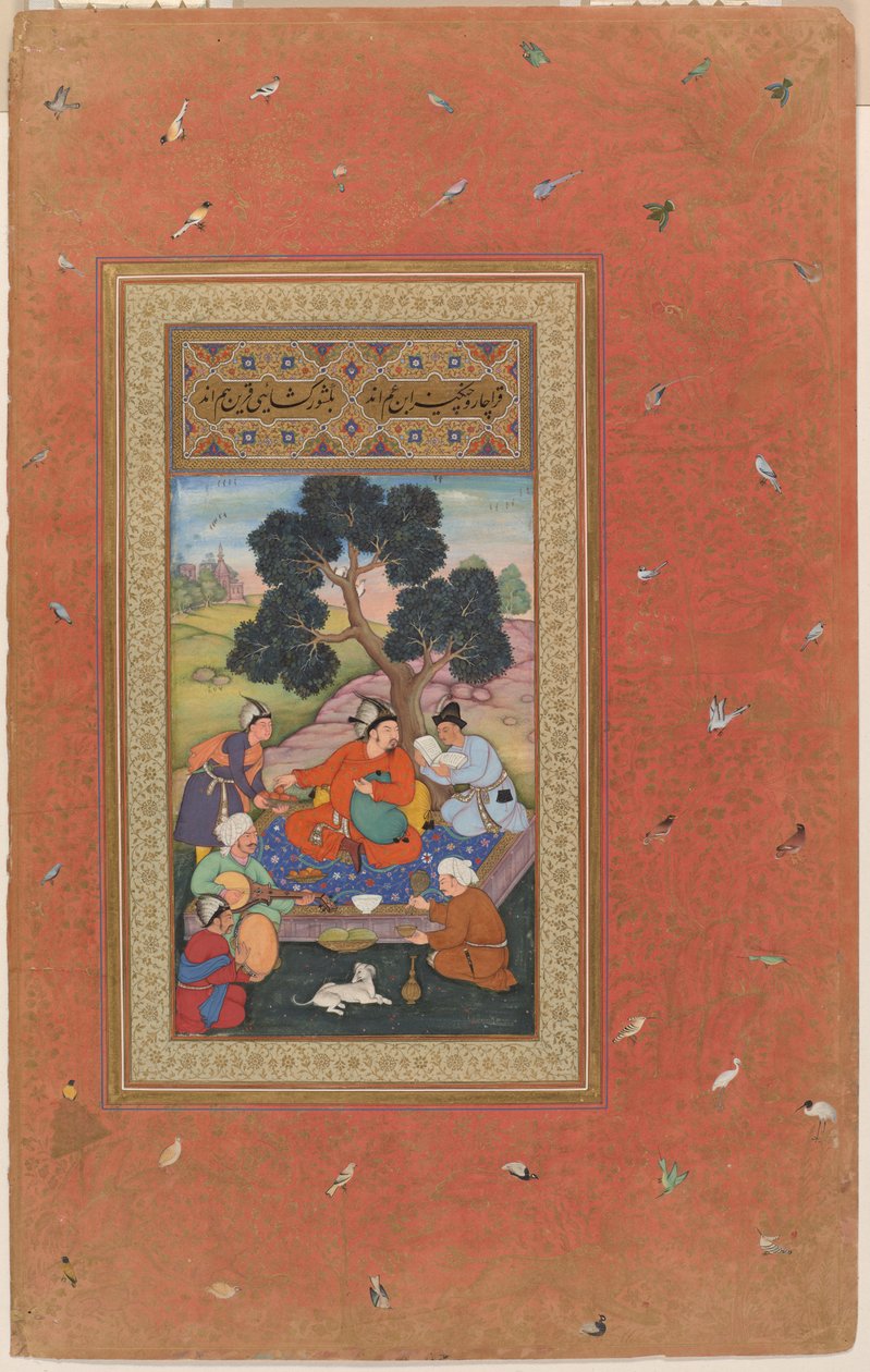 Mongolisk hövding med följeslagare, folio från Gulshan-albumet (Rose Garden-albumet), ca 1600 (opak akvarell, bläck och guld på papper) av Indian School