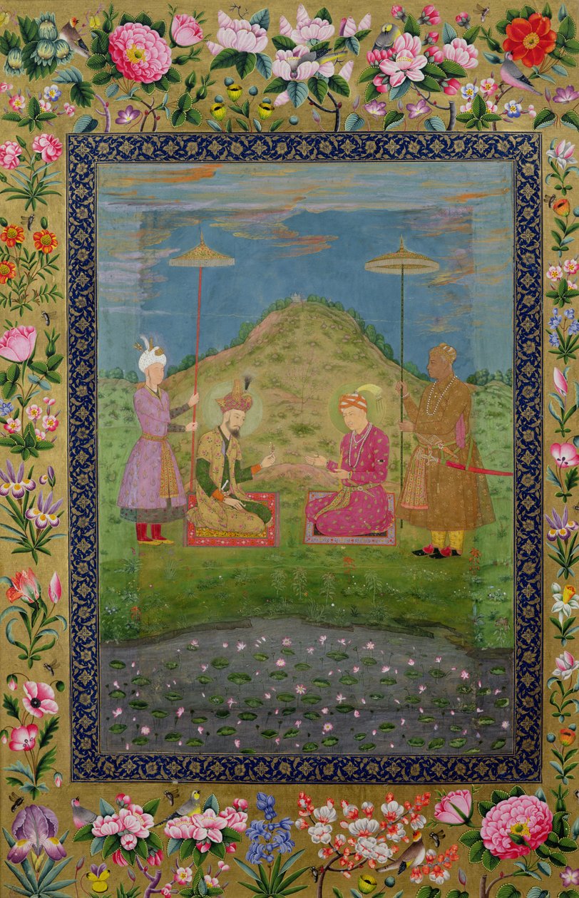 Ms E-14 Humayun (1508-56) och Akbar (1542-1605) med en vesir, från en Moraqqa av Indian School